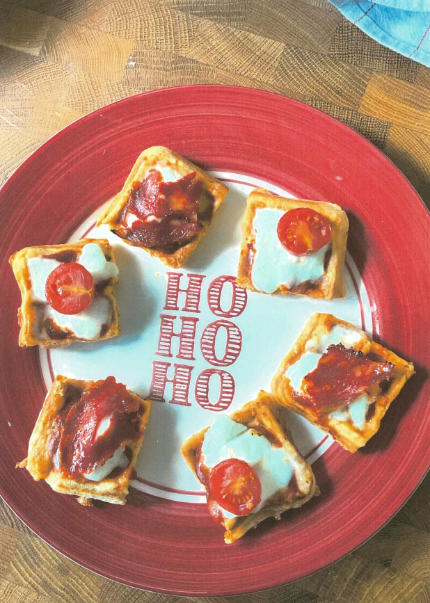 25 Days of Christmas Recipes, Day 18: Mini Pizza Waffles and Spiced Yorkshire Puddings with Poached Pear and Blue&nbsp;Cheese